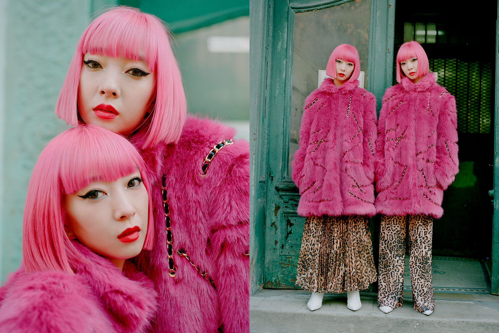 h&m moschino pink fur coat